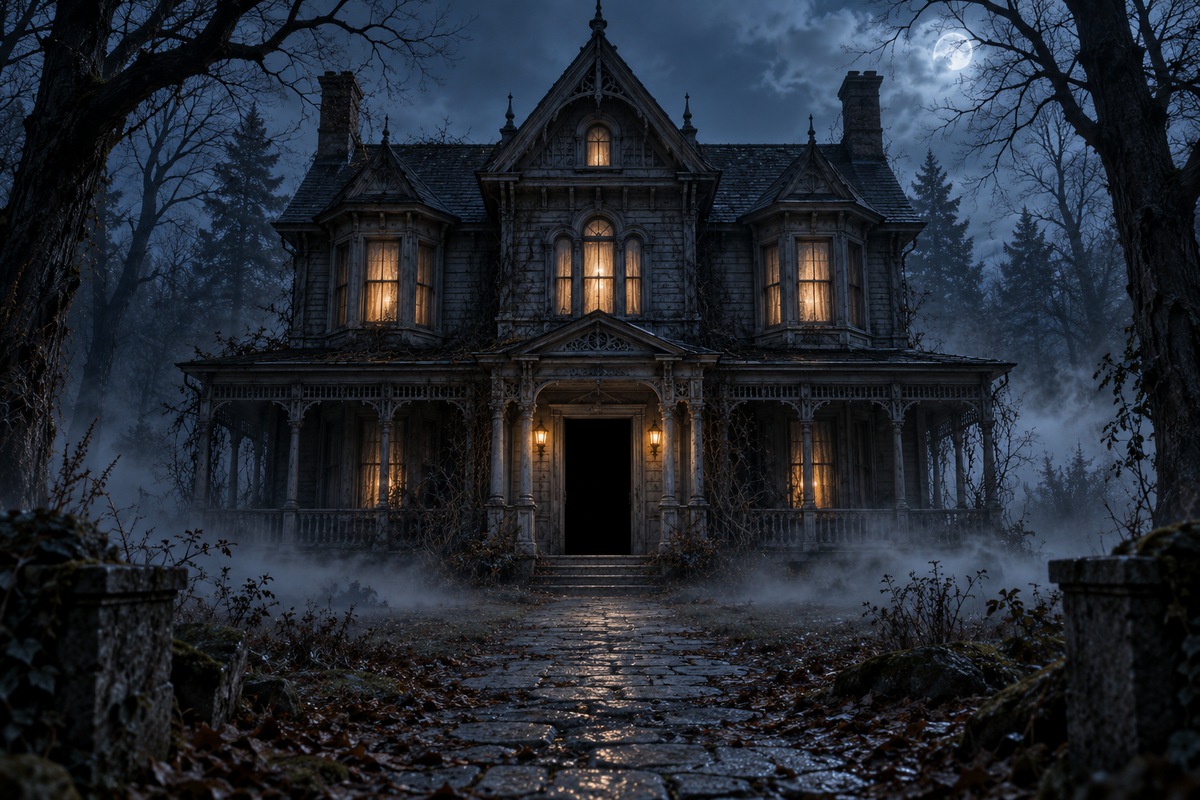 Casa assombrada na floresta — cenário ilustrativo